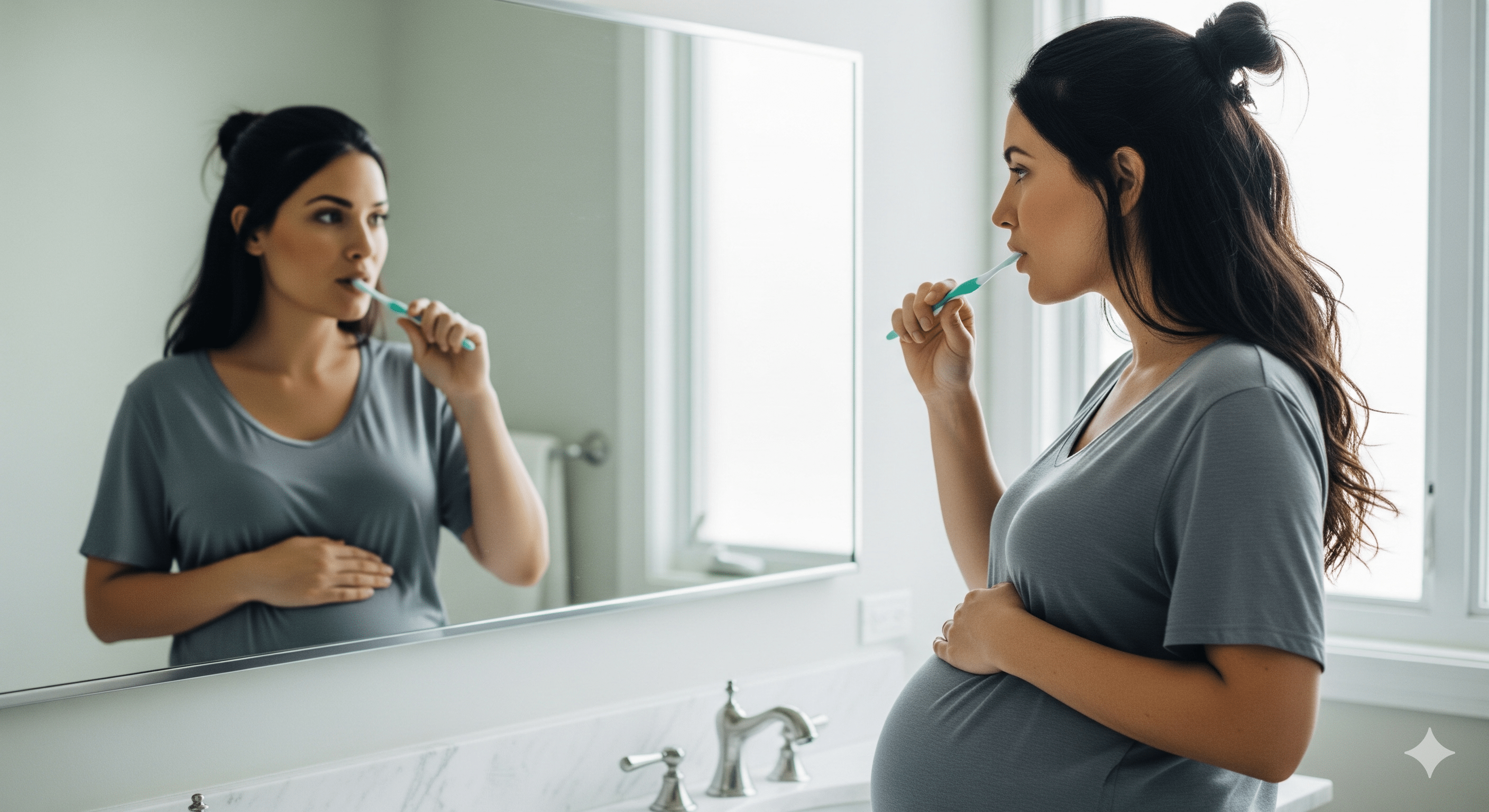 Kobieta w ciąży patrzy w lustro i myje zęby. Jak prawidłowo dbać o zęby podczas ciąży?