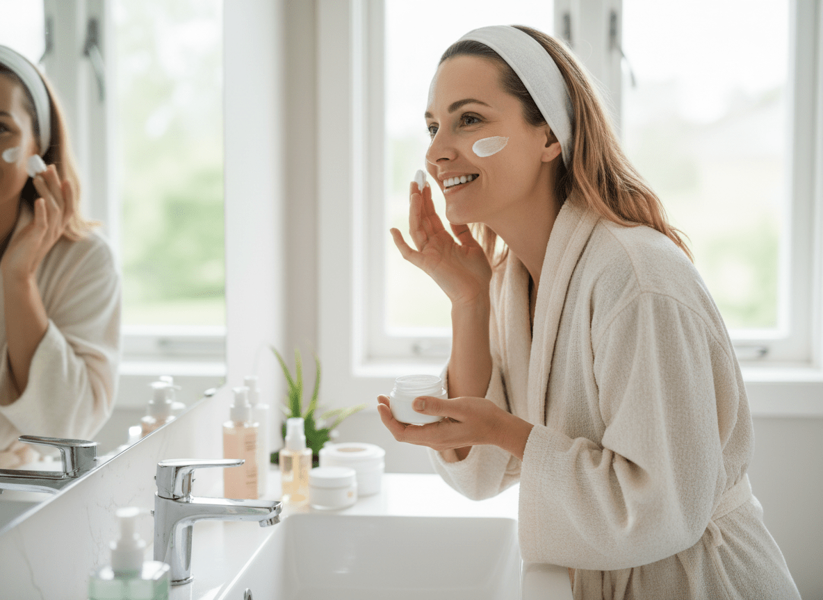 Kobieta uśmiecha się i patrzy w lustro, nakładając na twarz krem. Ubrana jest w szlafrok i białą opaskę. Jak powinna wyglądać pielęgnacja skóry po trzydziestce?