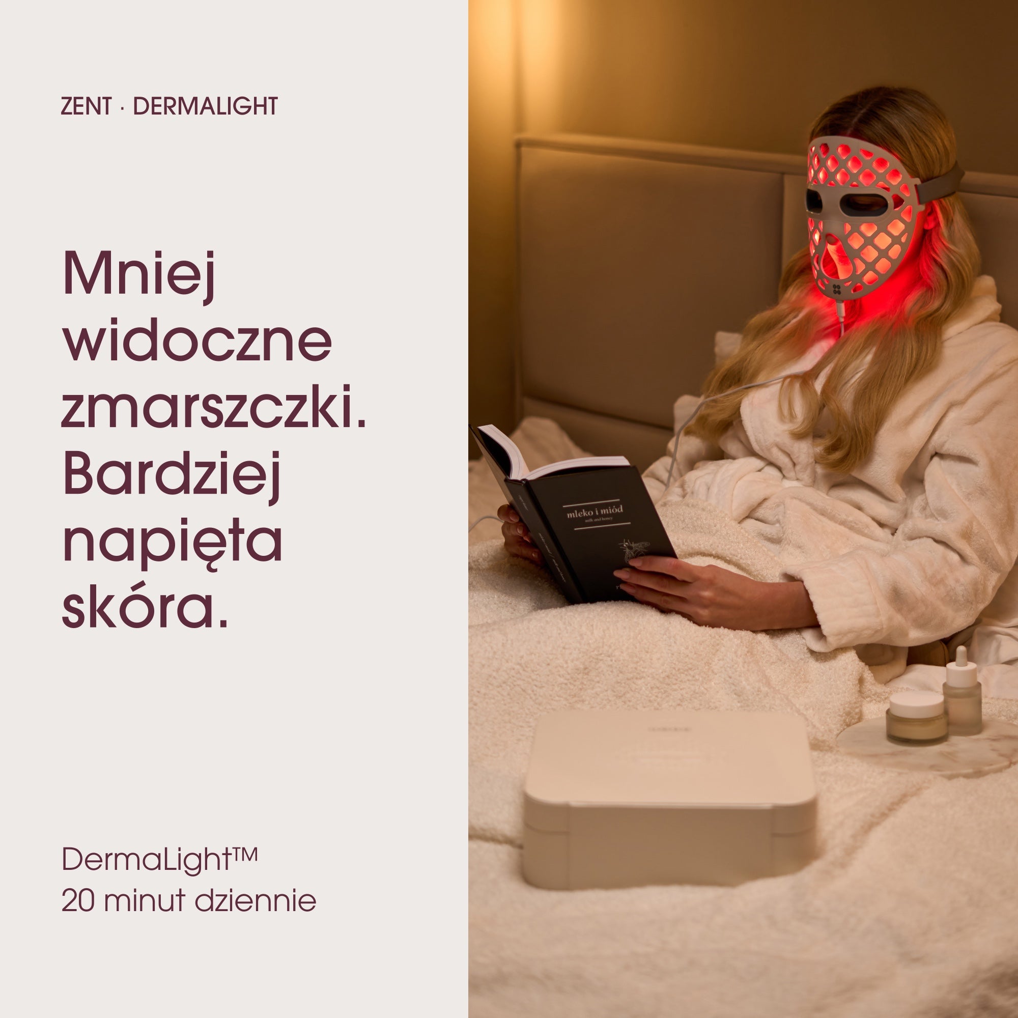 Maska LED DermaLight na twarzy. Mniej widoczne zmarszczki i bardziej napięta skóra. 20 minut dziennie.