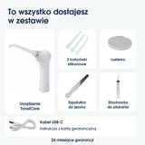 Zestaw TonsilCare: urządzenie, trzy końcówki silikonowe, lusterko, szpatułka, strzykawka, kabel USB-C oraz instrukcja z kartą gwarancyjną.