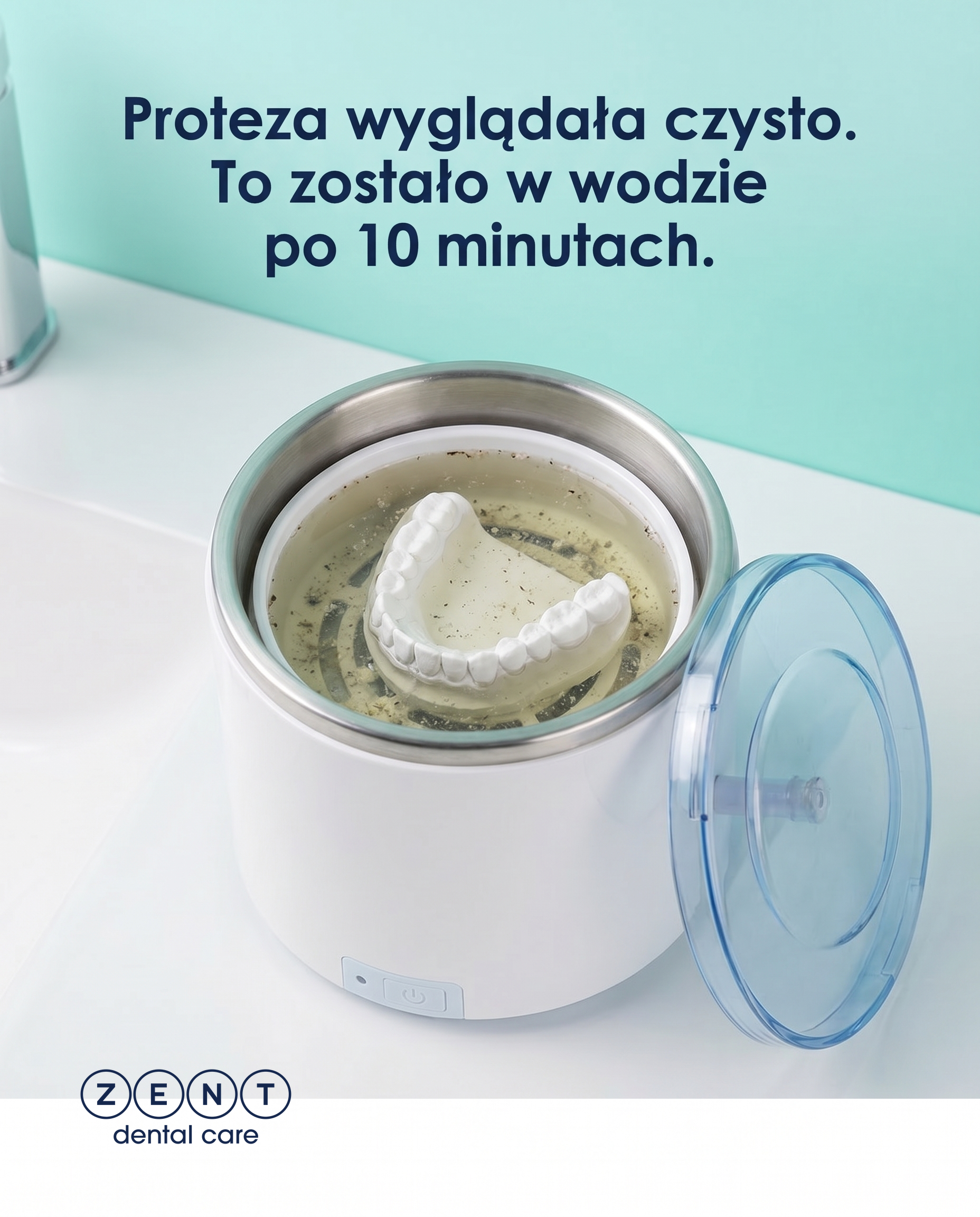 Ciepła, jasna łazienka, spokojny wieczorny rytuał czyszczenia protezy